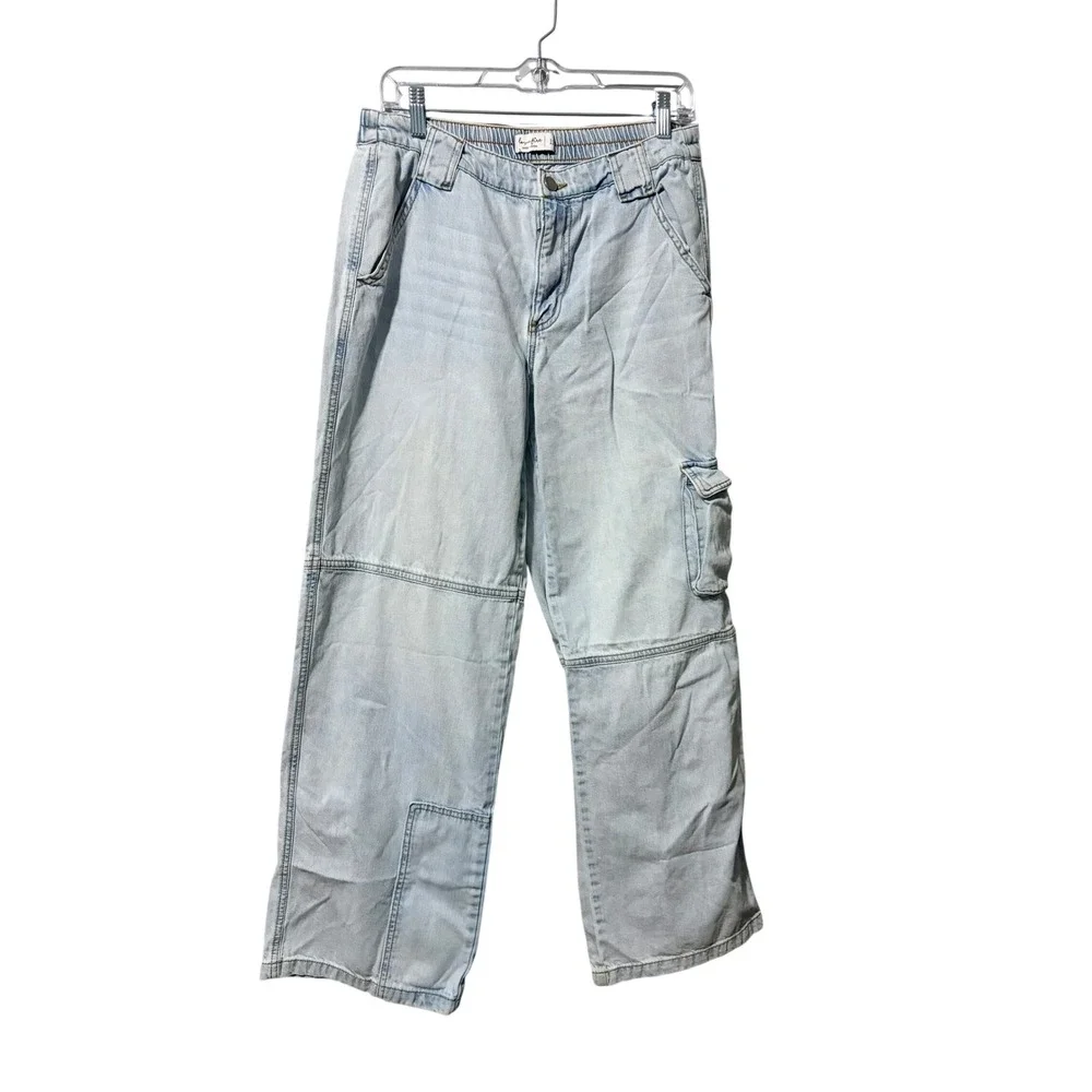 Love‎ Fire Light Wash Cargo Jeans Wide Leg Elastic Back Waistband Blue Size 11
